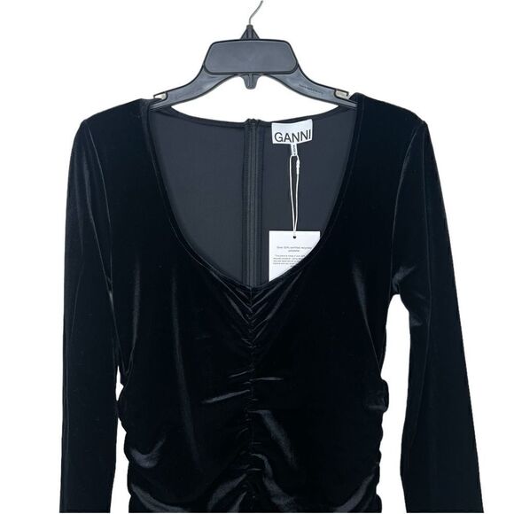 GANNI Black Long Sleeve U-Neckline Velvet Jersey Ruched Mini Dress Size US 6 - Picture 4 of 14